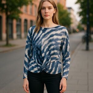 NIC+ZOE Blue and White Long Sleeve Faux Tie Front Lightweight Sweater Size PM